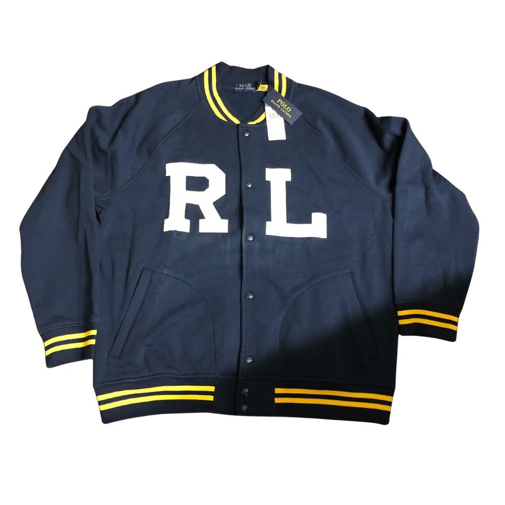 Polo Ralph Lauren XL Varsity Letterman Jacket RL Logo Navy Yellow Fleece NWT
